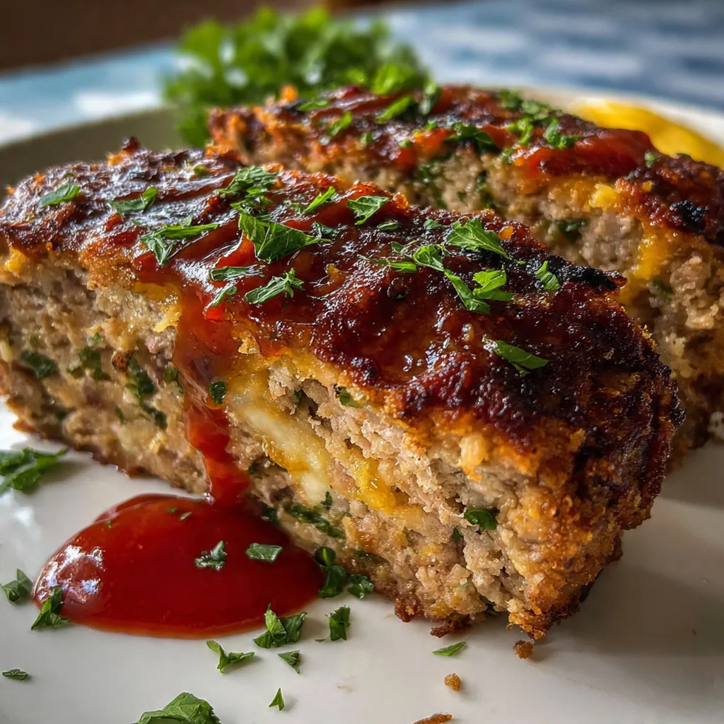 A thick, juicy slice of homestyle meatloaf with a shiny, caramelized glaze on a white plate.