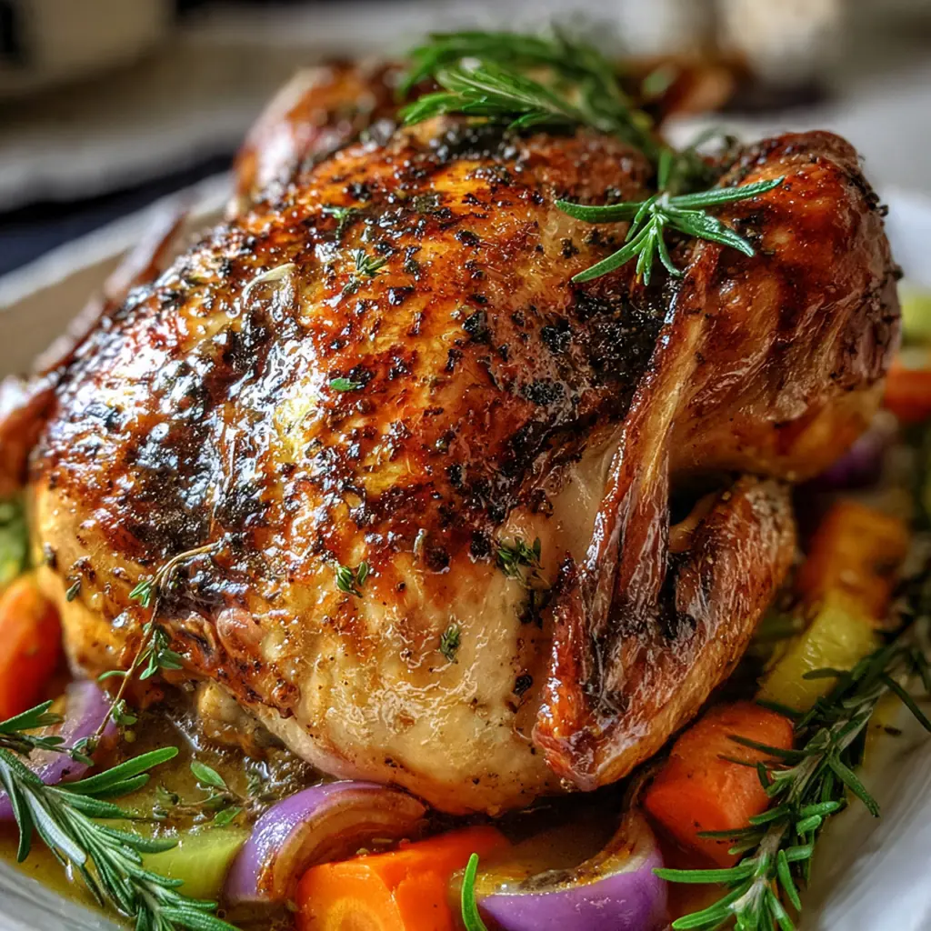 Golden brown herb roasted turkey resting on a carving board surrounded by fresh herbs