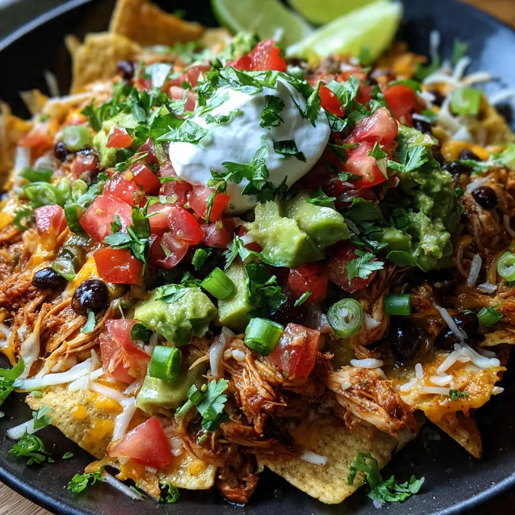 A sheet pan overflowing with fully loaded chicken nachos covered in melted cheese and fresh toppings