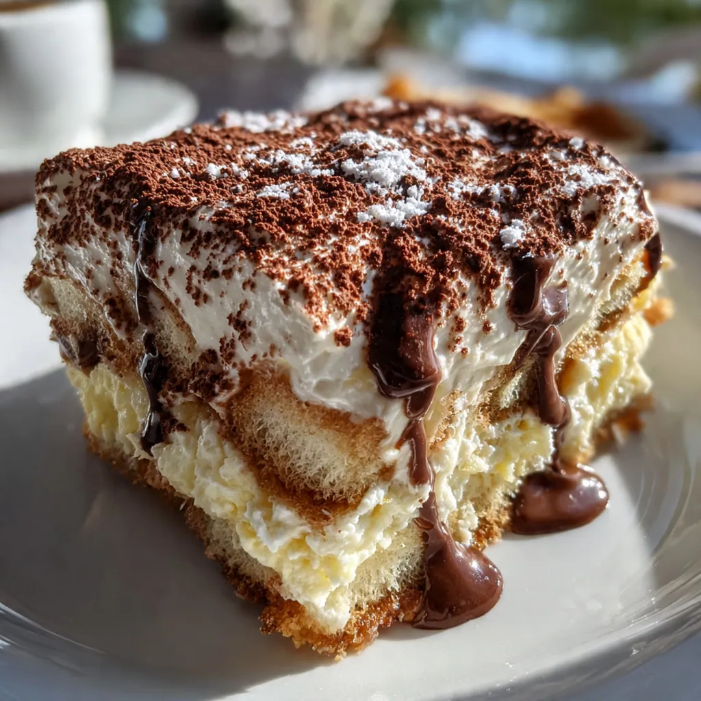 Classic Italian tiramisu with generous cocoa dusting in a glass baking dish