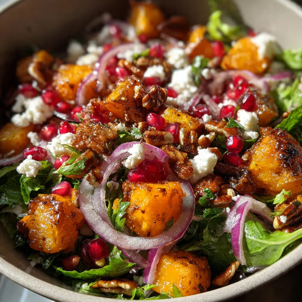 A vibrant Christmas dinner salad in a large white bowl overflowing with red pomegranate arils, green apples, and candied pecans