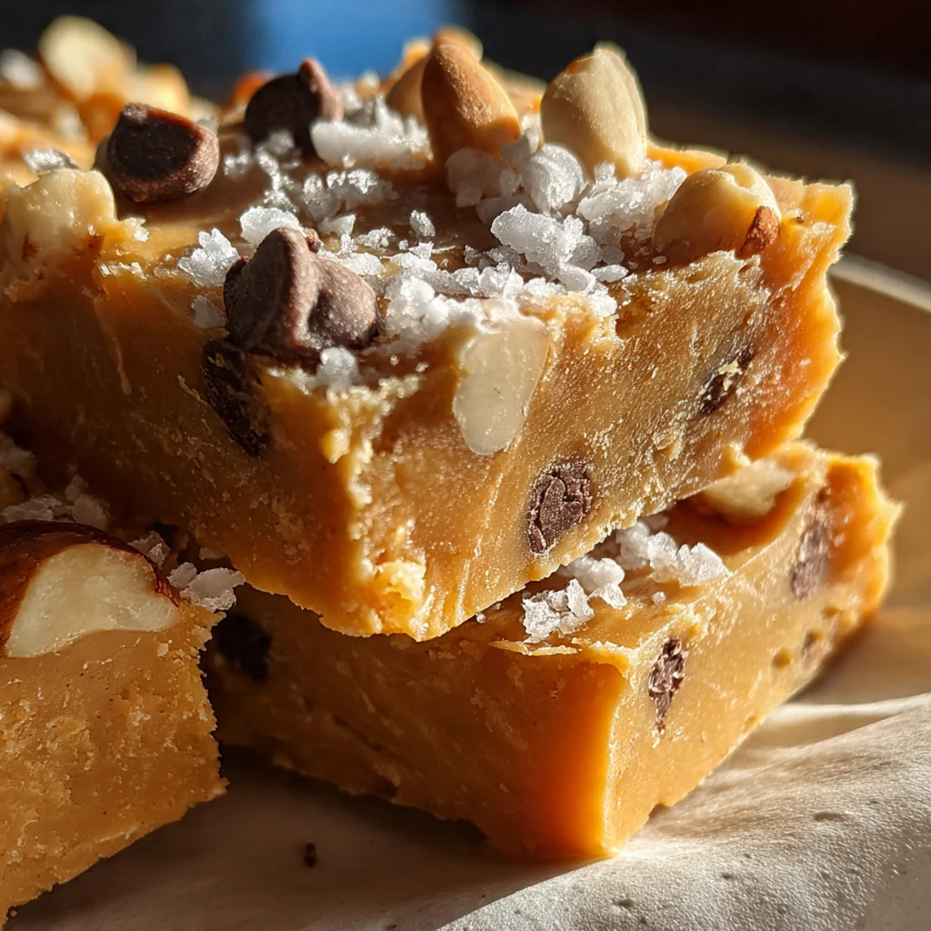 A platter of creamy peanut butter fudge cut into perfect squares and topped with flaky sea salt.