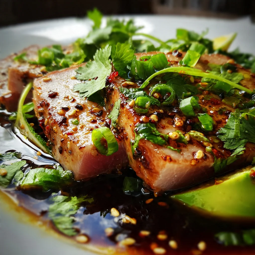 Pan-seared sesame-crusted tuna steak sliced and drizzled with glossy ginger-soy glaze on a dark plate