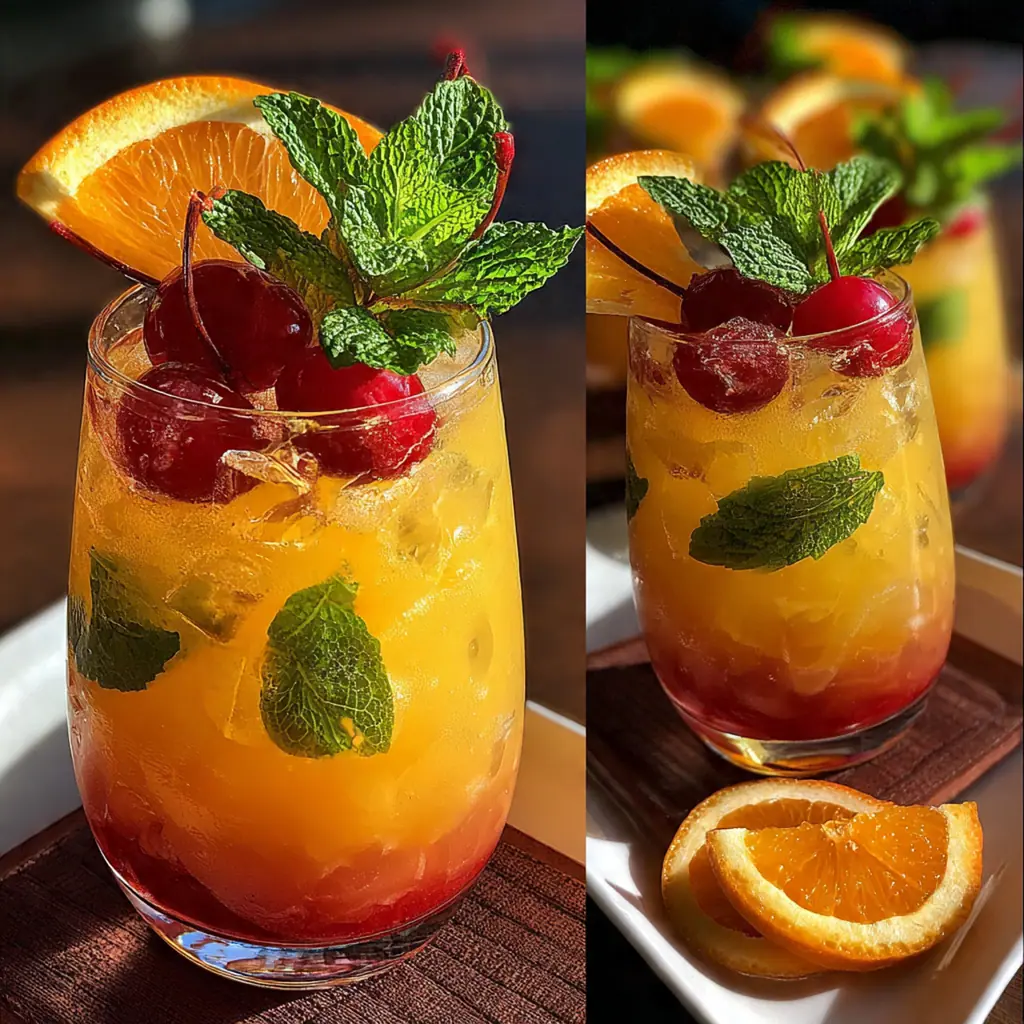 A large glass punch bowl filled with amber-colored Caribbean rum punch, garnished with fresh orange slices and lime wheels.