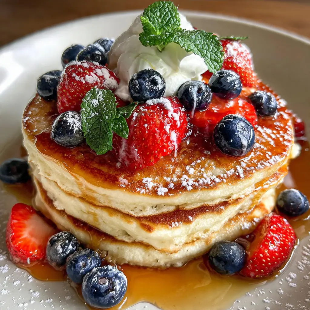 A tall stack of fluffy golden pancakes drizzled with rich maple syrup