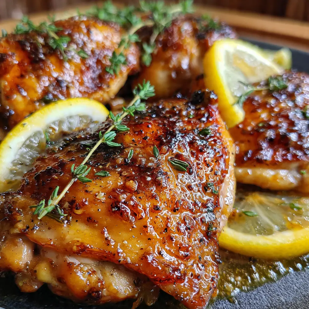 Caramelized honey mustard baked chicken thighs glistening with sticky glaze in a baking dish