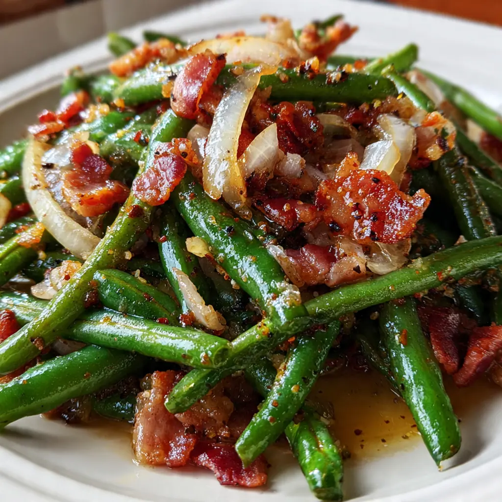 A pot of slow-cooked Southern green beans with smoky bacon and onions simmering on the stove