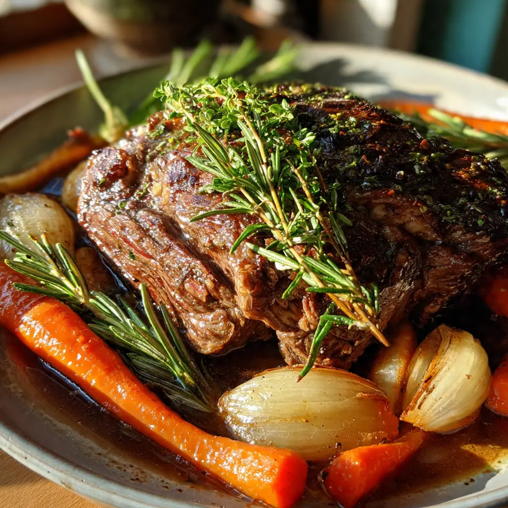 A beautifully browned bone-in rib roast fresh from the oven with a crust of rosemary and garlic