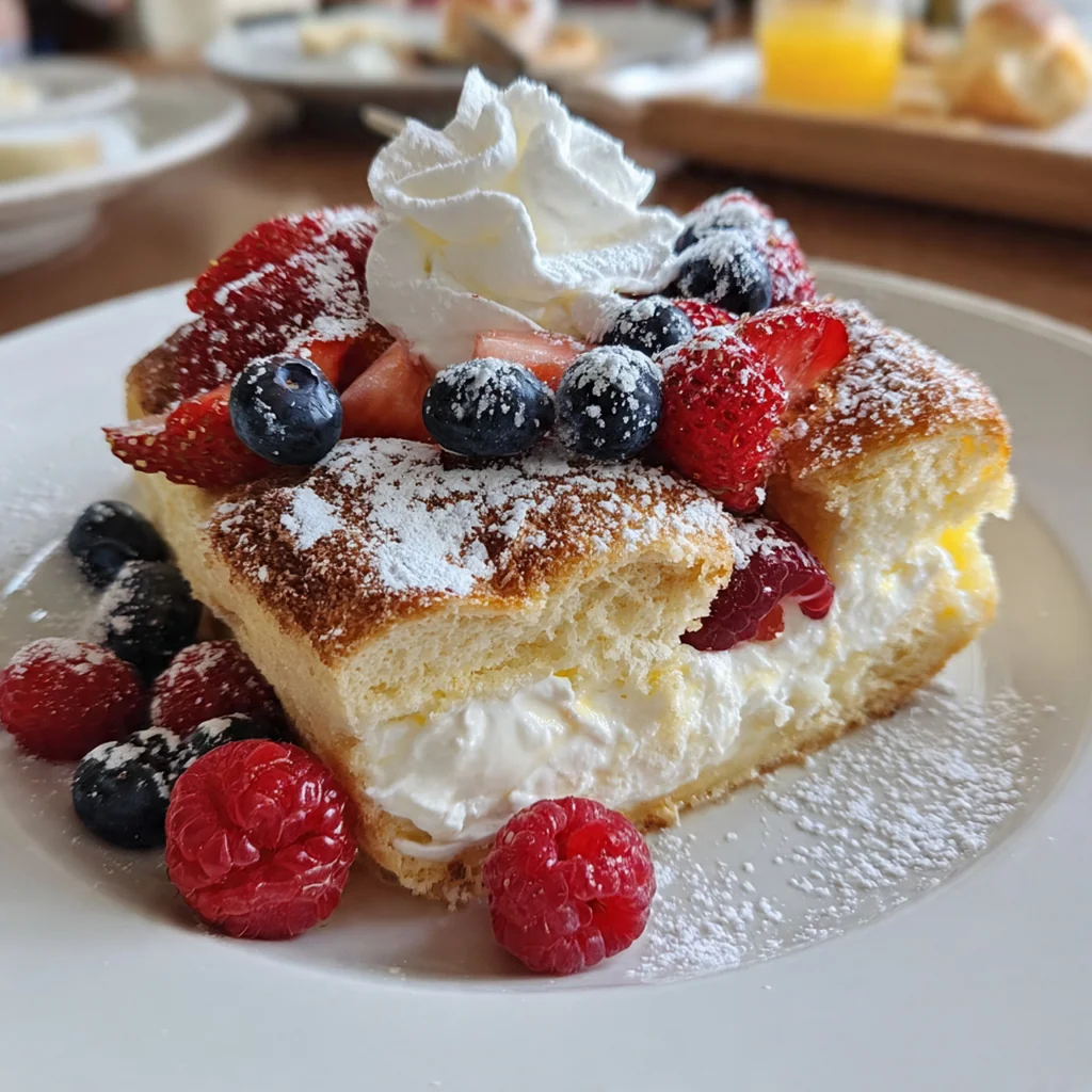 A slice of creamy cheesecake casserole with flaky crust and cherry topping on a white plate