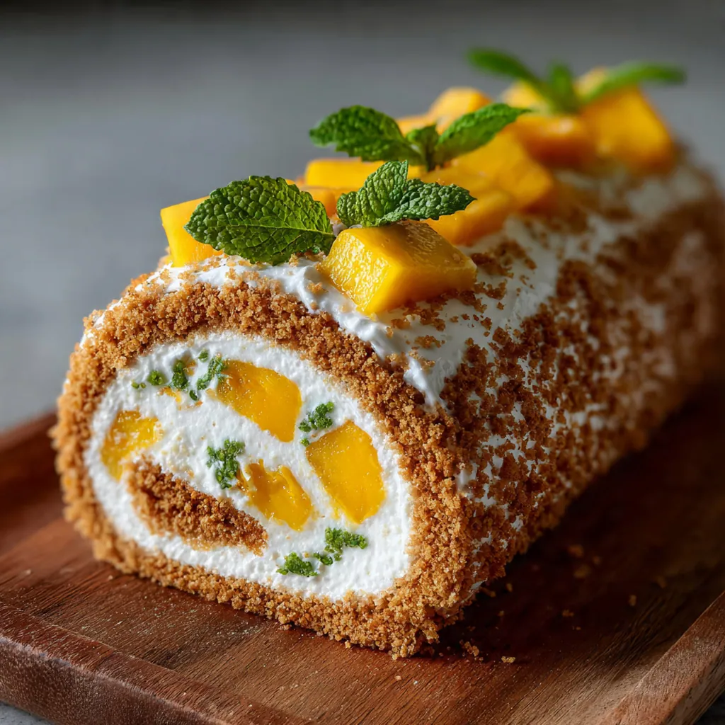 Close-up of a creamy mango graham roll log dusted with powdered sugar and garnished with mint.