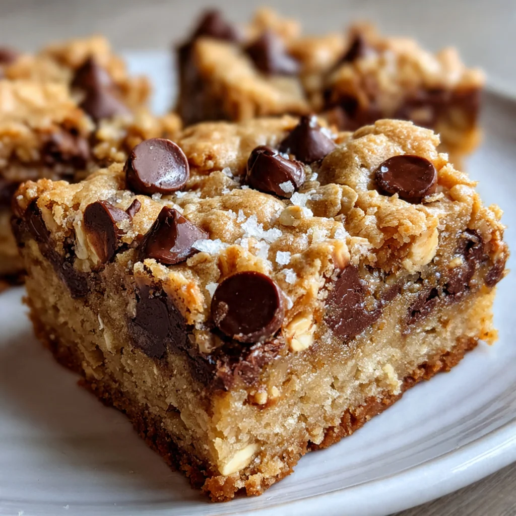 A stack of three peanut butter chocolate chip cookie bars on a plate with a glass of milk in the background
