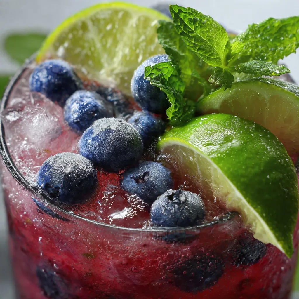 Close-up of a sparkling Jack Frost Mocktail showing the vibrant blue color and bubbles rising