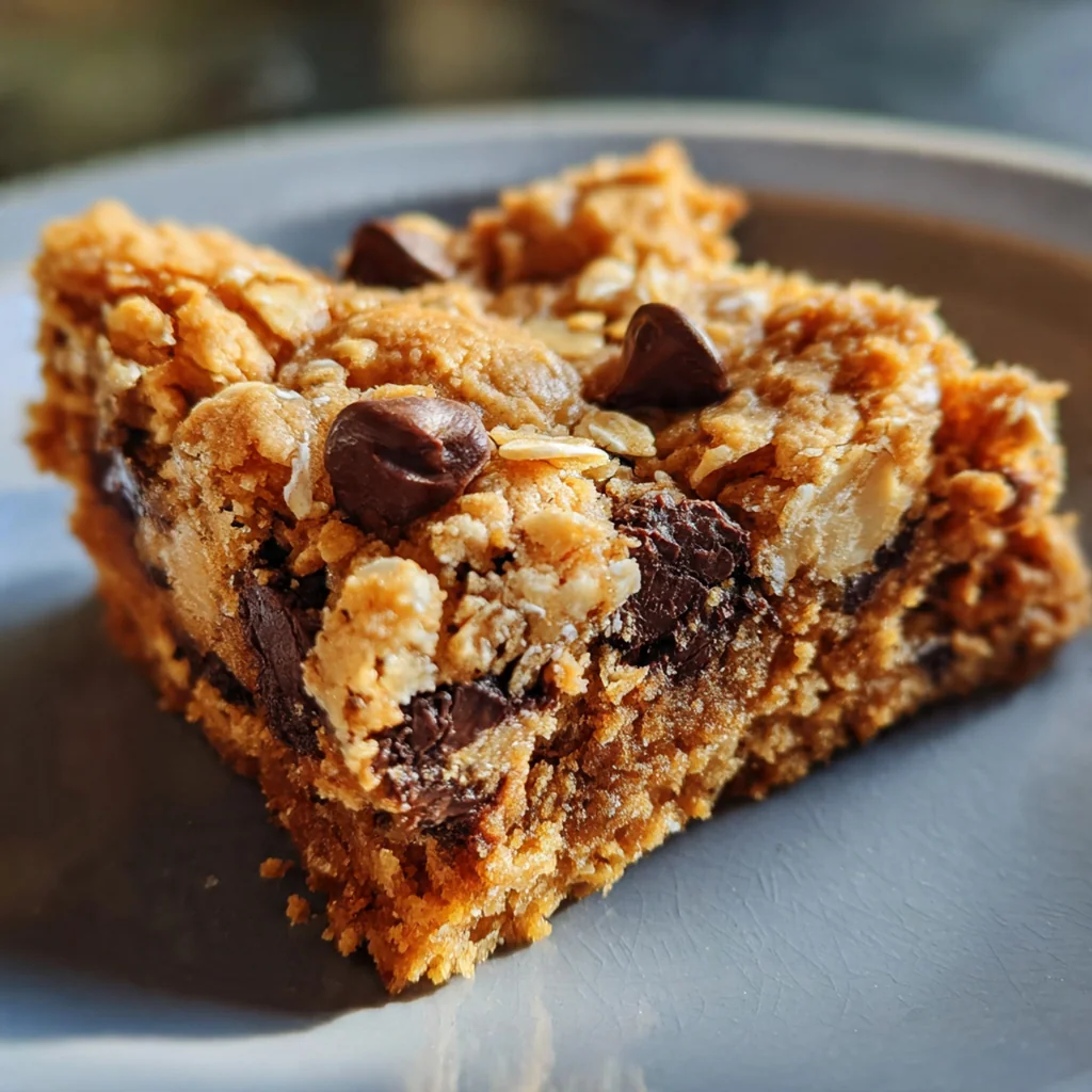 Close-up of a single chewy cookie bar broken apart to show soft interior and pockets of chocolate