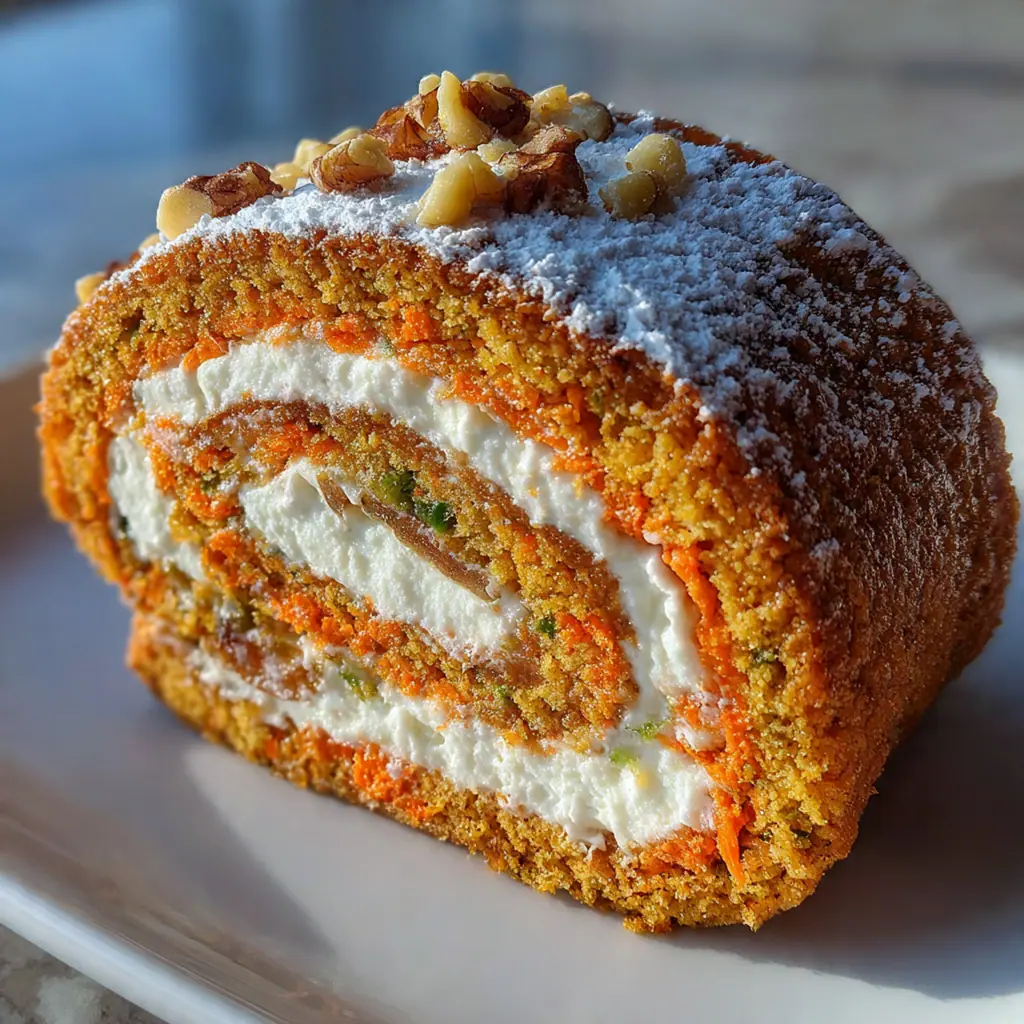 Freshly baked carrot cake roll on a wooden cutting board with cream cheese frosting spread inside and chopped walnuts nearby