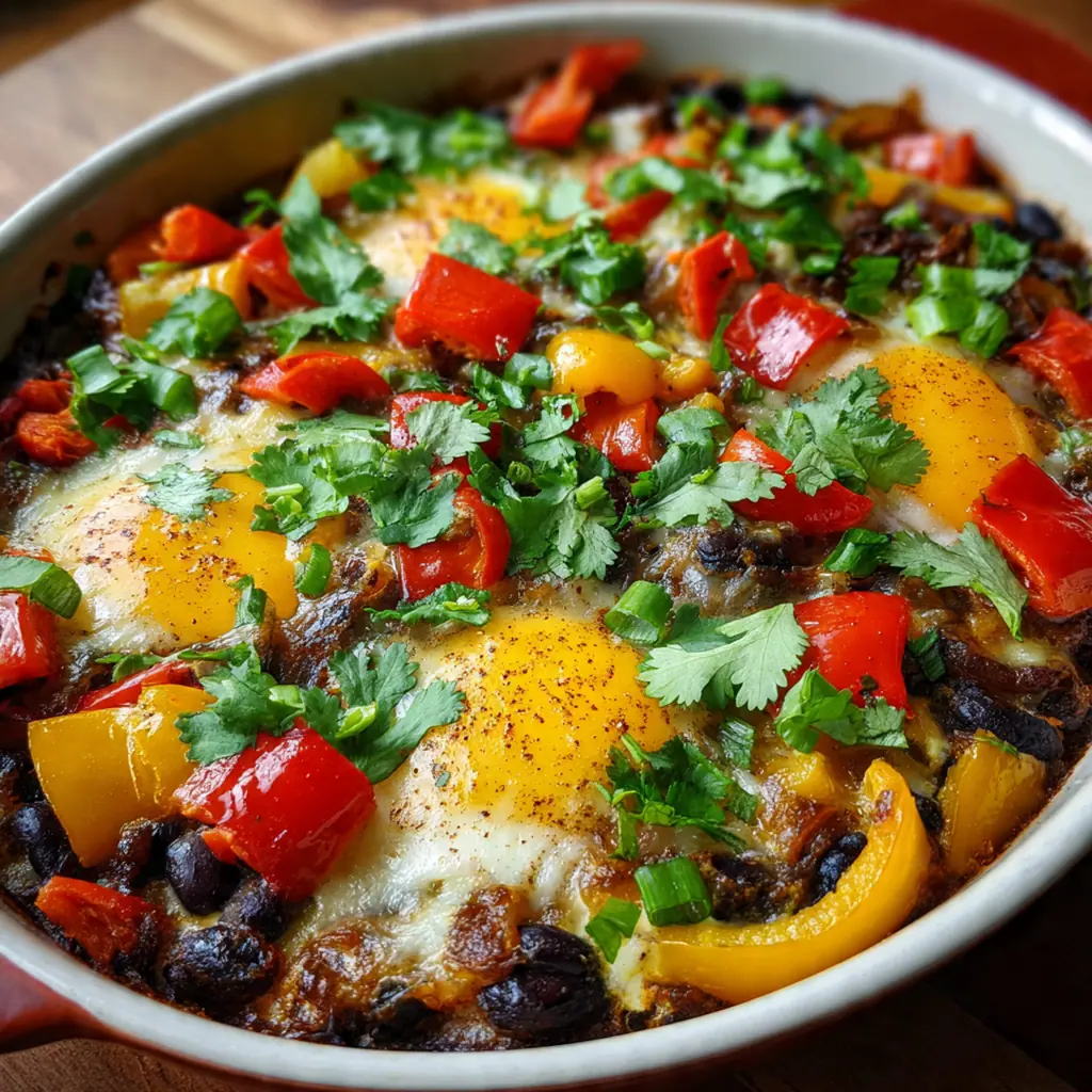Close-up of a serving square showing layers of beans, eggs, and tortillas