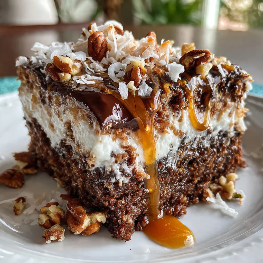 Overhead shot of the whole German chocolate poke cake in a baking dish ready to serve