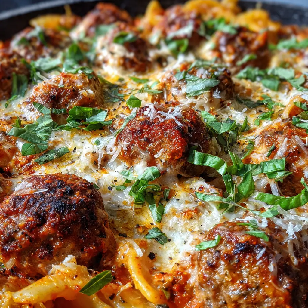 Close-up of a serving spoon lifting cheesy tortellini and meatballs from the baking dish