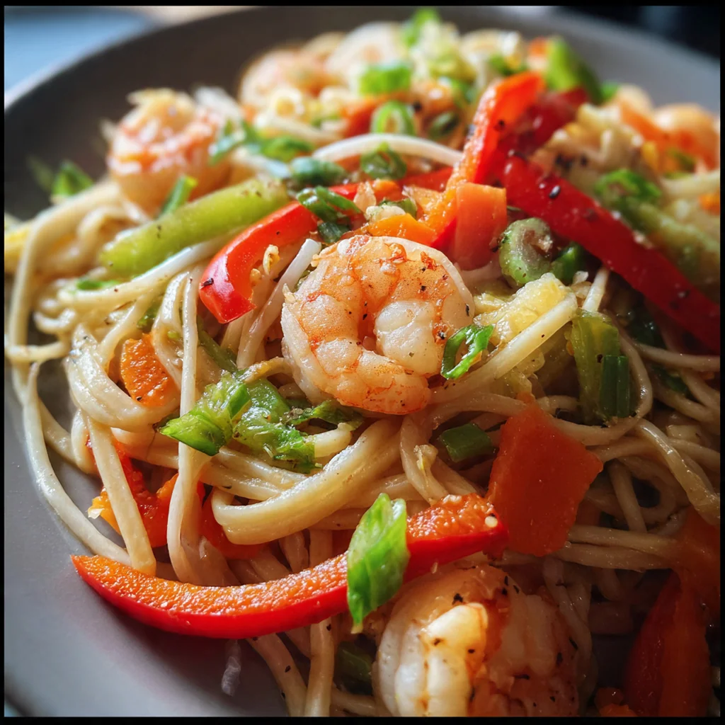Overhead shot of a wok filled with finished shrimp lo mein being garnished with green onions and sesame seeds