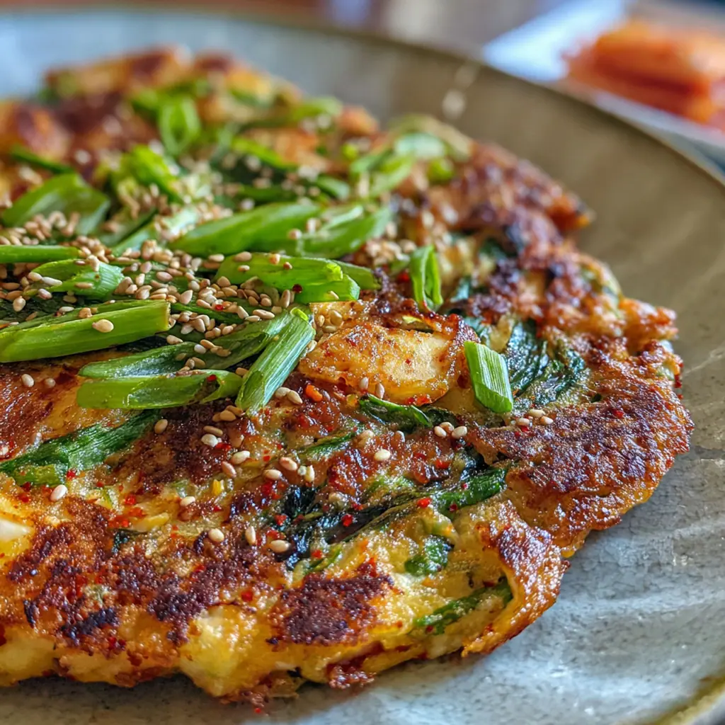 Close-up of a wedge of kimchi pancake showing tender interior packed with kimchi and green onions