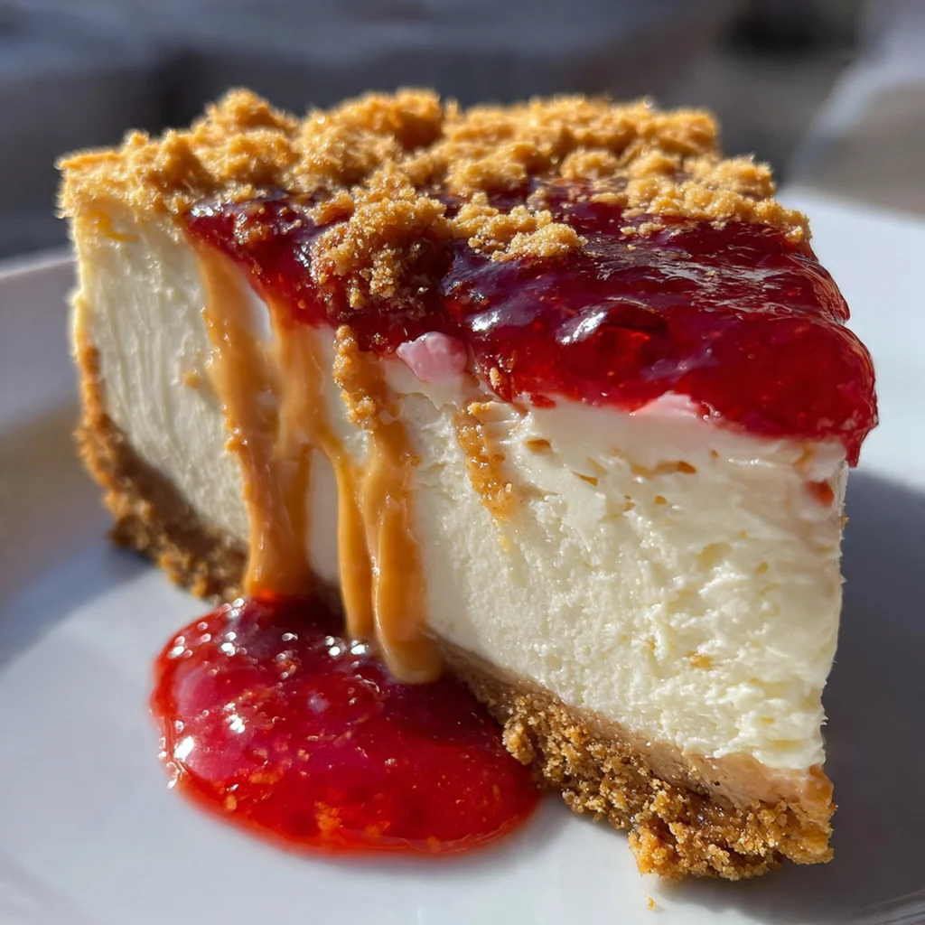 Whole no-bake cheesecake in a springform pan showing marbled texture and fresh strawberry garnish