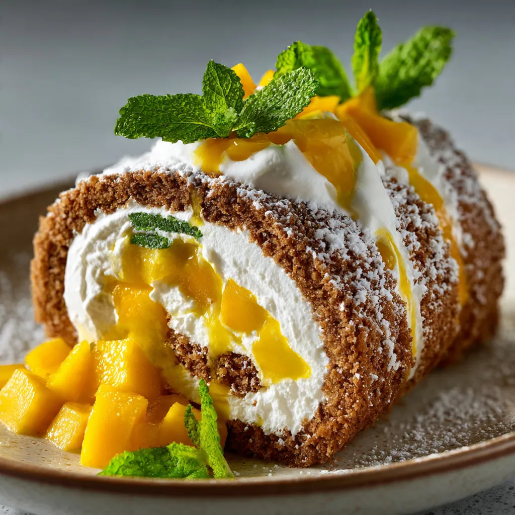 Overhead shot of a whole mango graham roll next to fresh mango slices on a rustic table.