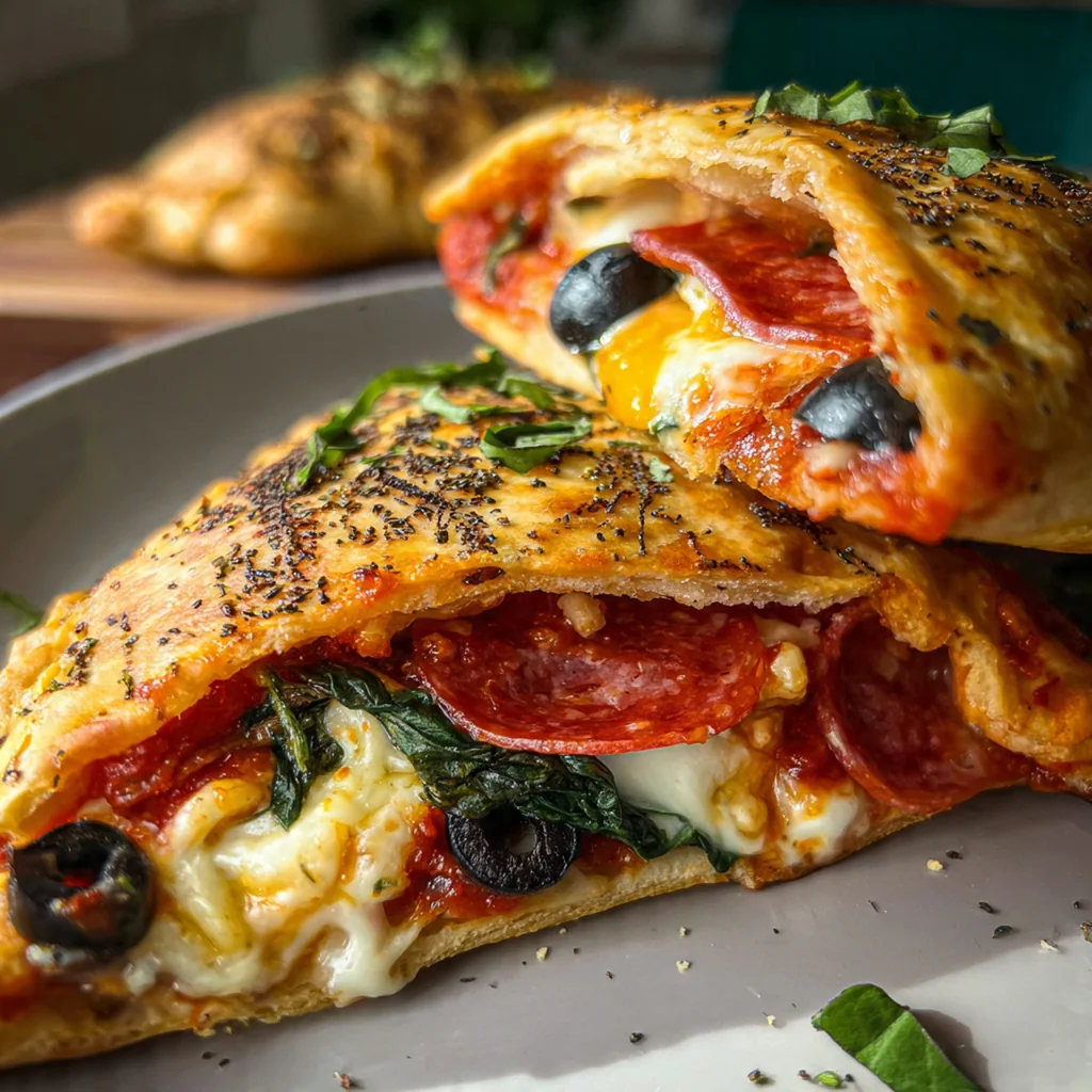 Close-up of a single witch hat calzone on a plate, cut open to reveal the molten cheese and pepperoni filling.