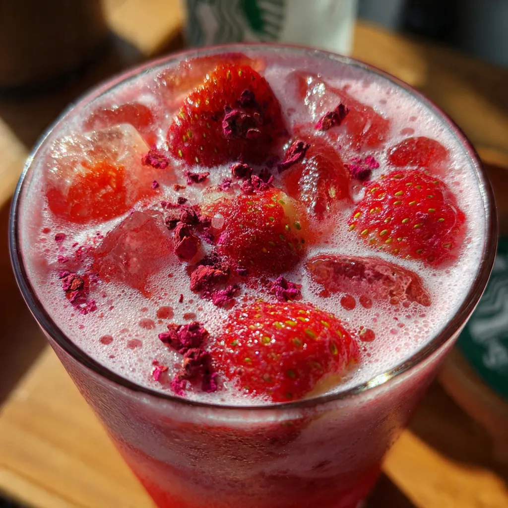 Close-up of vibrant pink strawberry tea mixture with freeze-dried strawberries in a pitcher