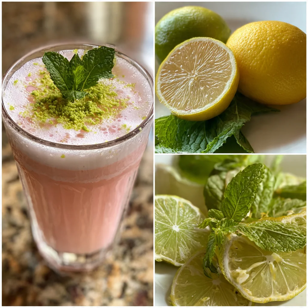 A pitcher of vibrant Brazilian lemonade next to fresh limes and mint on a sunlit table