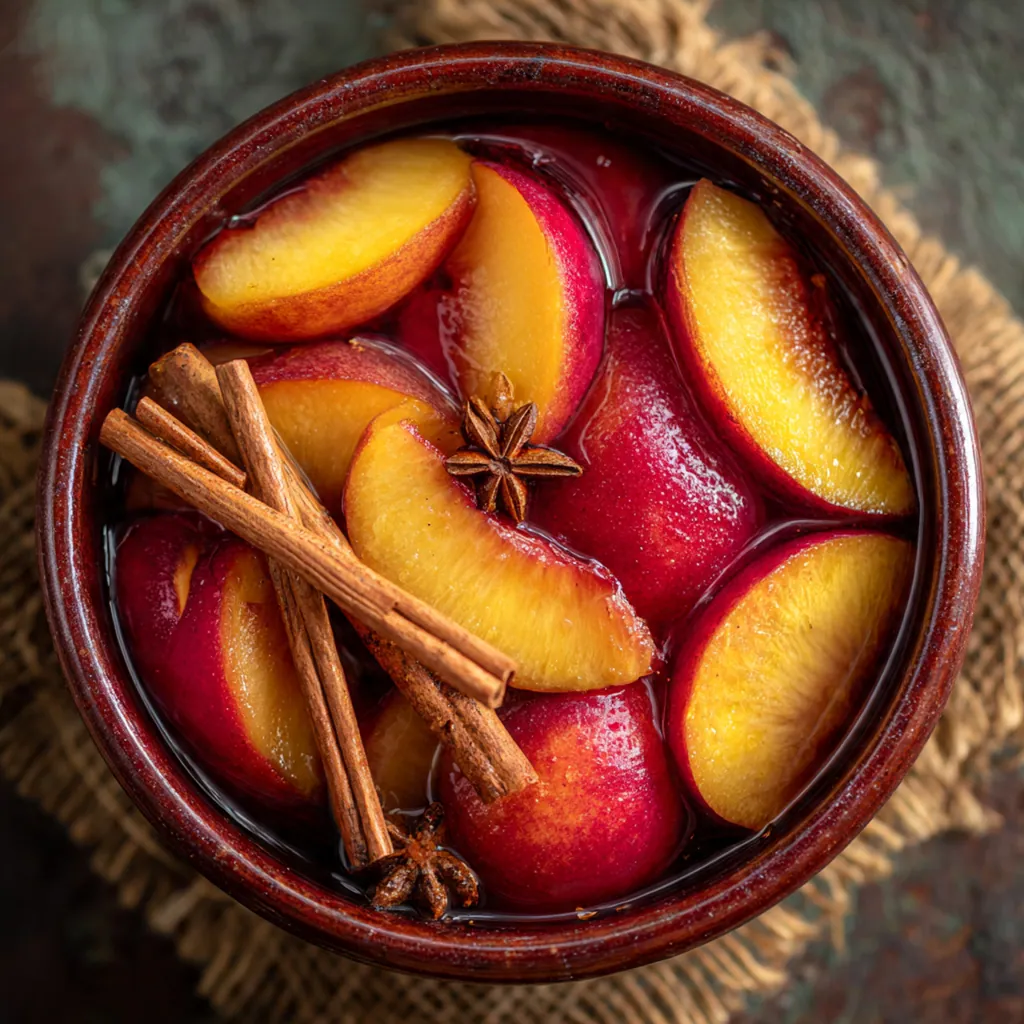 Close-up of a hand spooning a glistening peach slice from a freshly opened jar