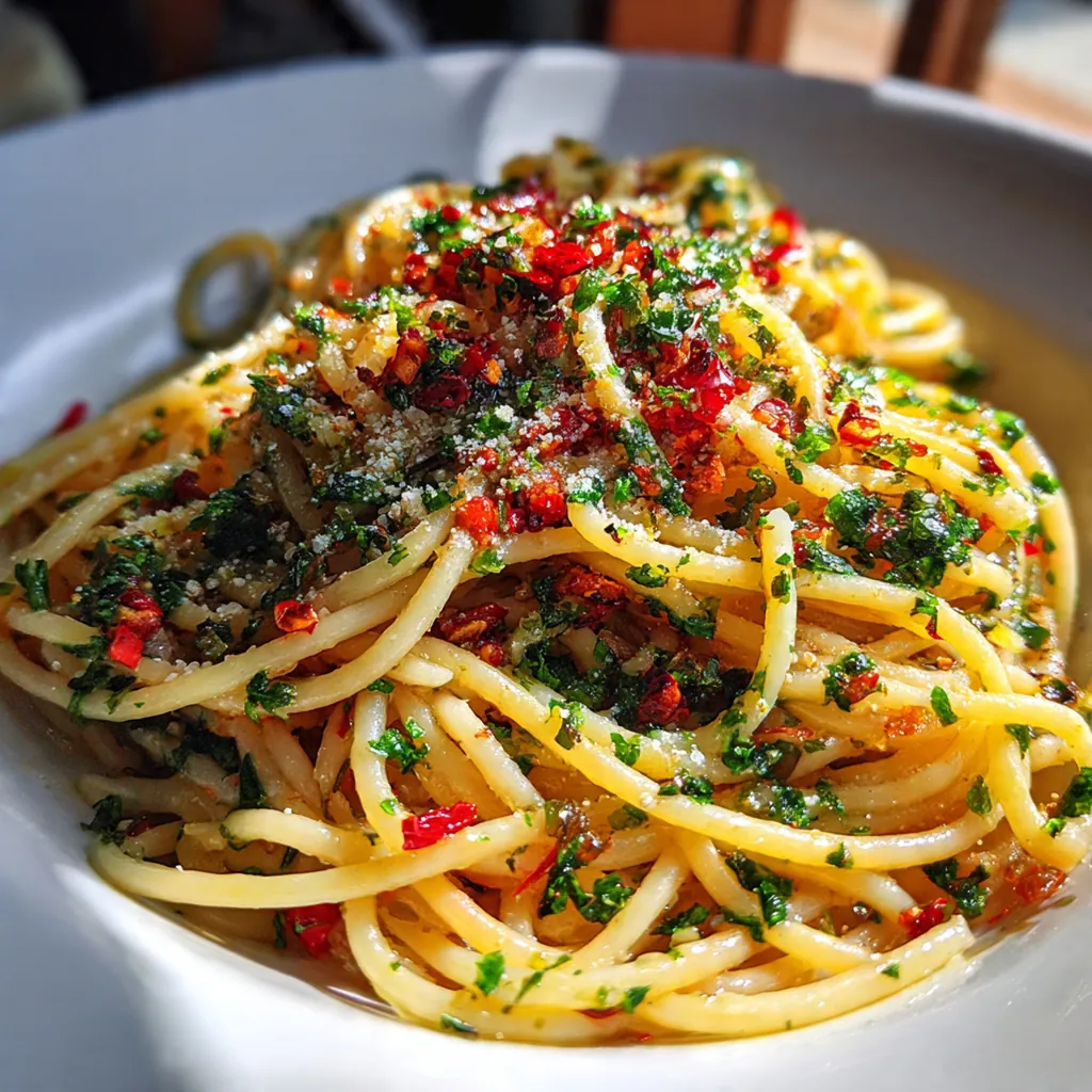 Ingredients for spaghetti aglio e olio arranged beautifully: spaghetti, garlic, olive oil, chili flakes, and parsley