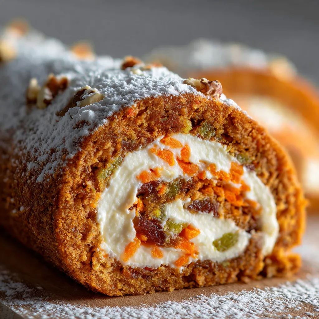 Close-up of a perfectly sliced carrot cake roll piece showing moist crumb, warm spices, and tangy frosting