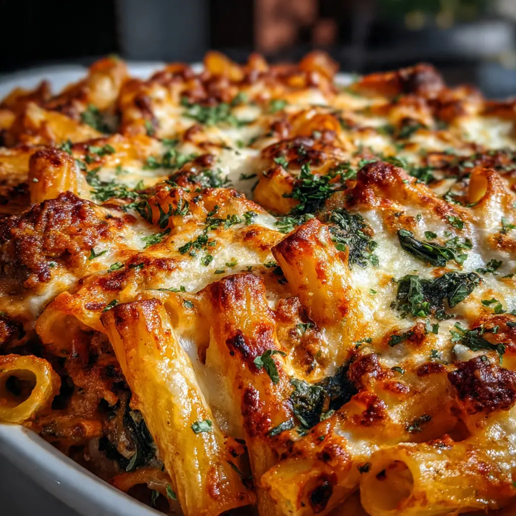 Close up shot of the three cheese blend including ricotta and mozzarella inside the festive pasta bake