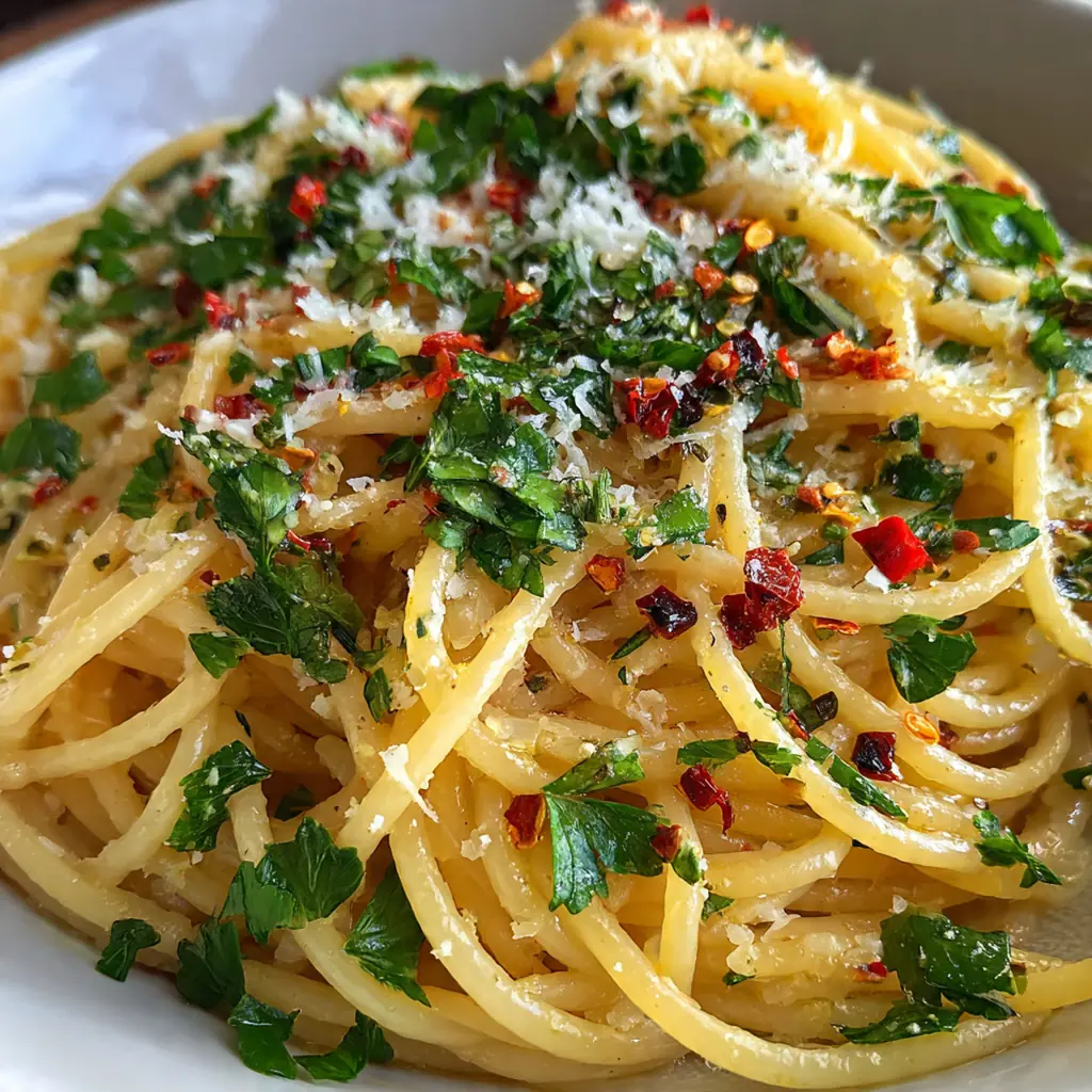 A rustic bowl of spaghetti aglio e olio topped with fresh parsley and grated Parmesan cheese