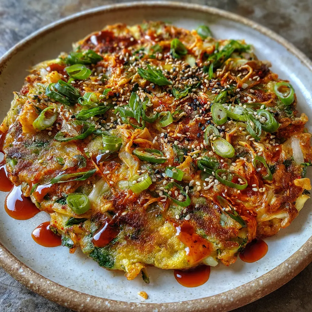Kimchi pancake slices arranged on a plate with a small bowl of savory dipping sauce and garnish