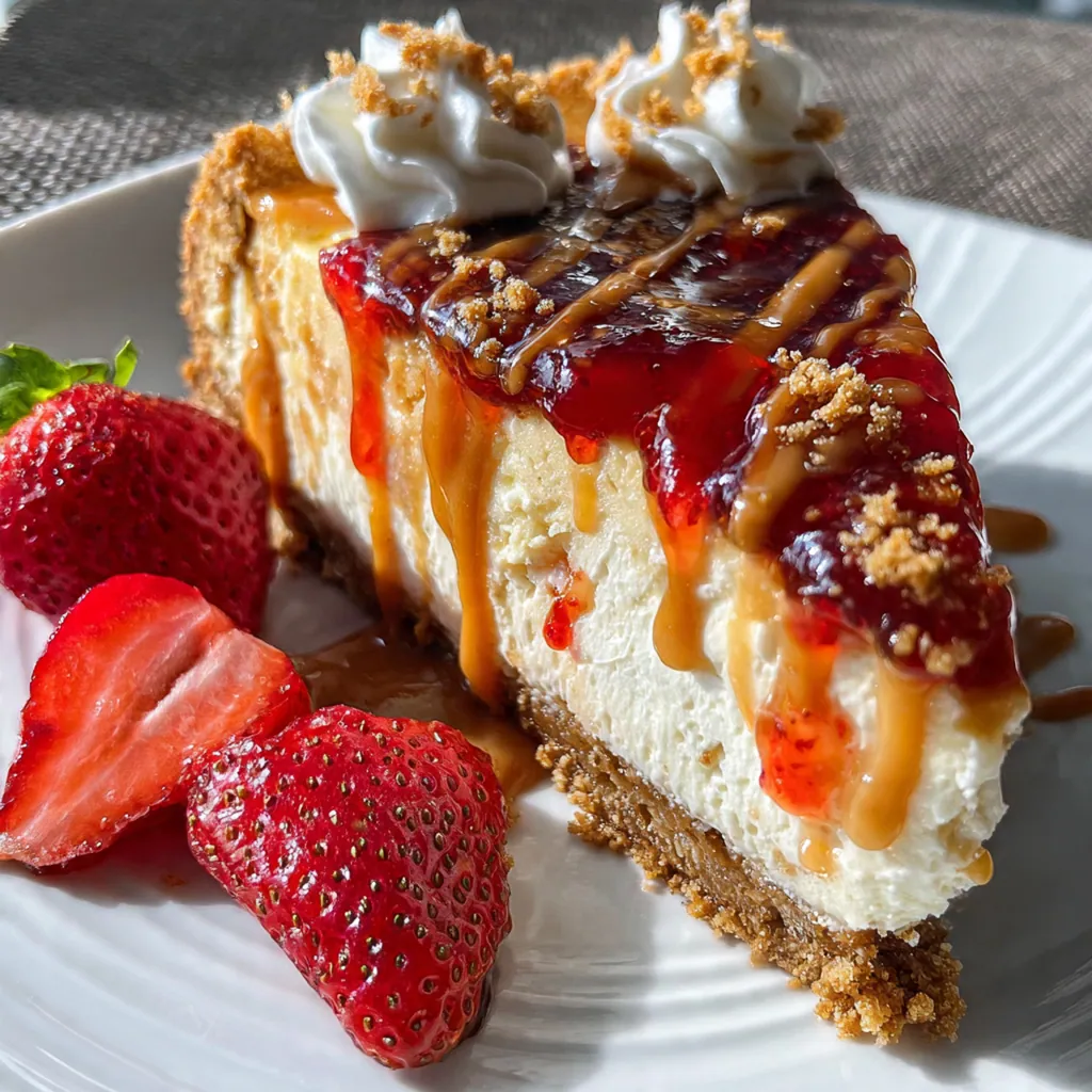 Close-up of the graham cracker crust layered with rich peanut butter filling and vibrant strawberry compote ribbons