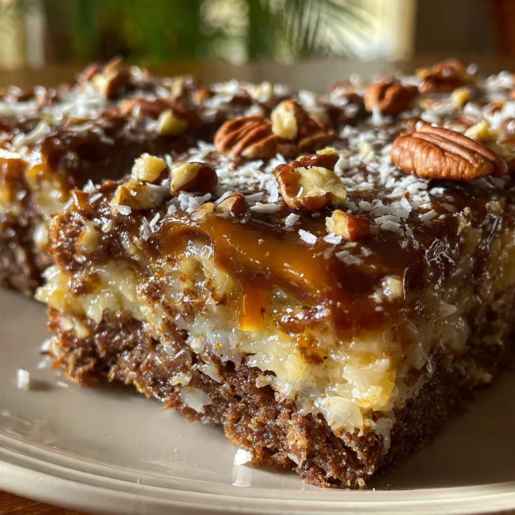Close-up view of the moist chocolate cake with coconut pecan frosting and chopped pecans