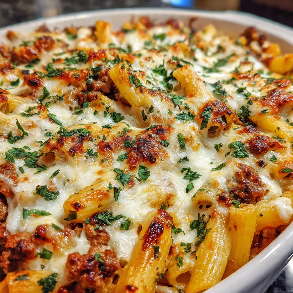 A spoon lifting a cheesy serving of baked ziti from the casserole dish showing the steam and rich tomato sauce
