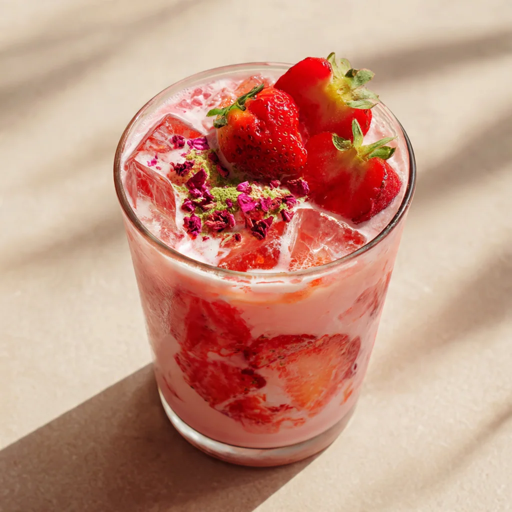 Beautiful presentation of pink drinks garnished with fresh strawberries and mint leaves