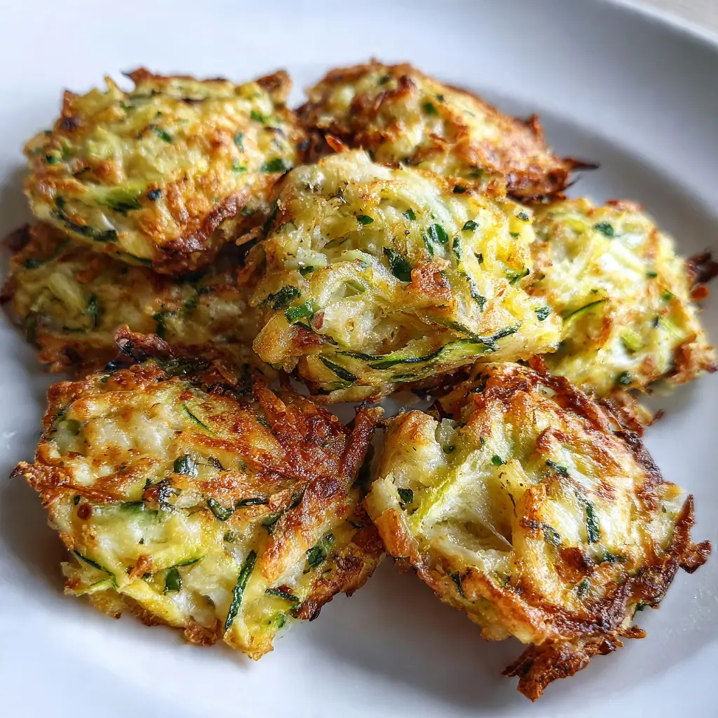 Close-up of crispy zucchini chips showing the cheesy texture and golden edges