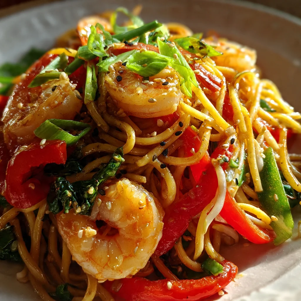 Close-up view showing succulent shrimp and crisp peppers tangled in saucy lo mein noodles