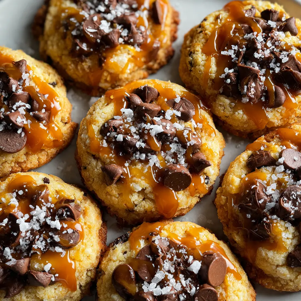 Fresh baked Crumbl Salted Caramel Cheesecake Cookies with glossy caramel drizzle and graham cracker crumbs