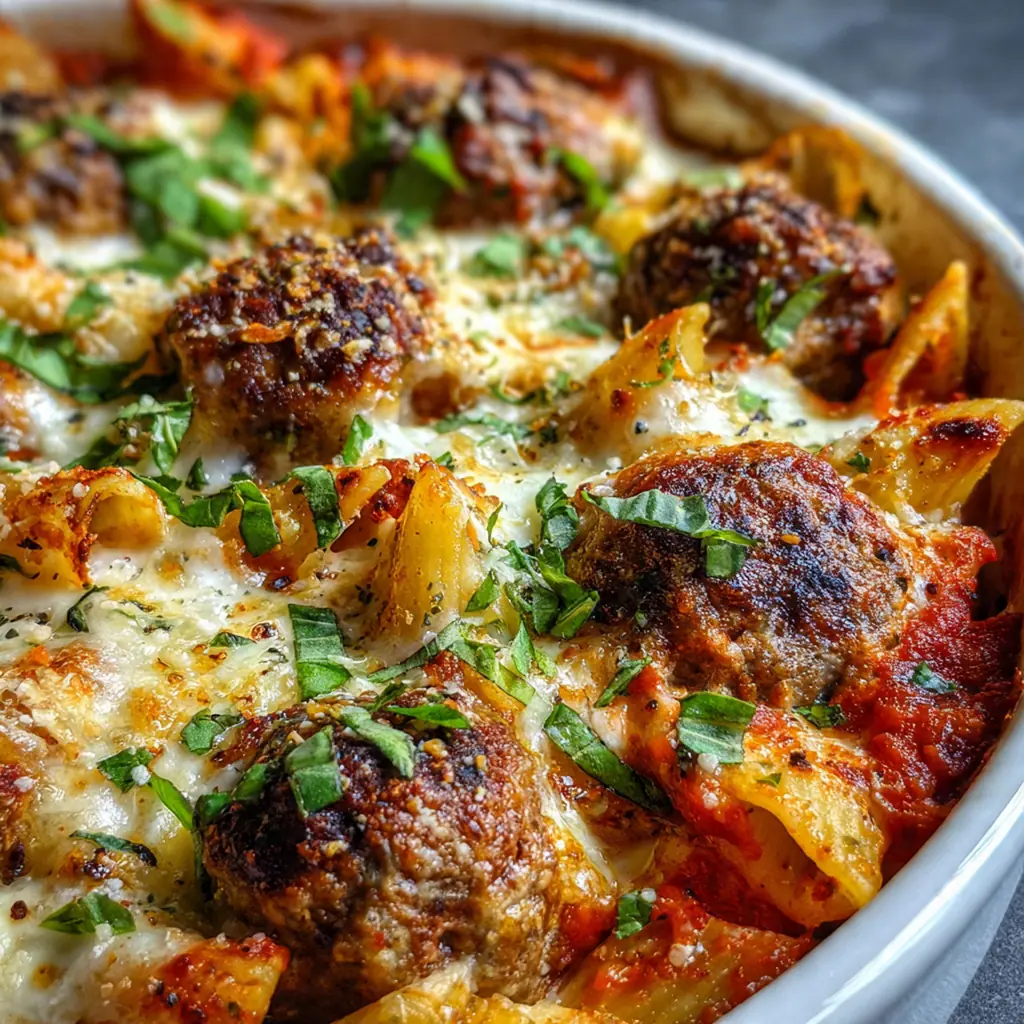 A bubbly, golden-topped dump bake meatball casserole fresh from the oven