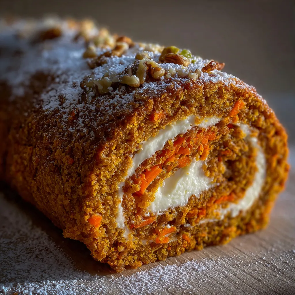 Golden spiced carrot cake roll sliced to reveal beautiful spiral layers with cream cheese frosting and walnut pieces