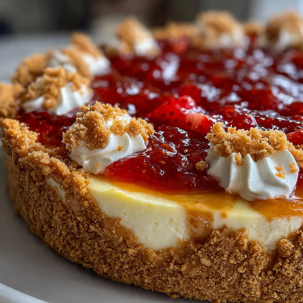 Slices of creamy peanut butter jelly cheesecake with visible berry swirls on a marble plate topped with crushed peanuts