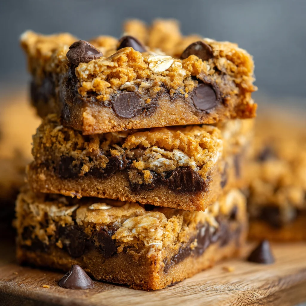 A full 9x13 pan of peanut butter chocolate chip cookie bars with golden edges and melty chocolate chips