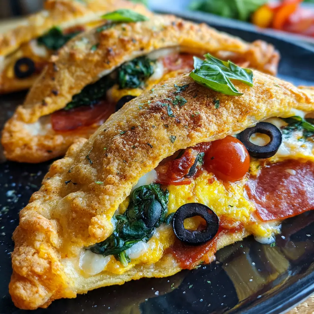 A batch of freshly baked Halloween witch hat calzones with golden crusts on a dark baking sheet.